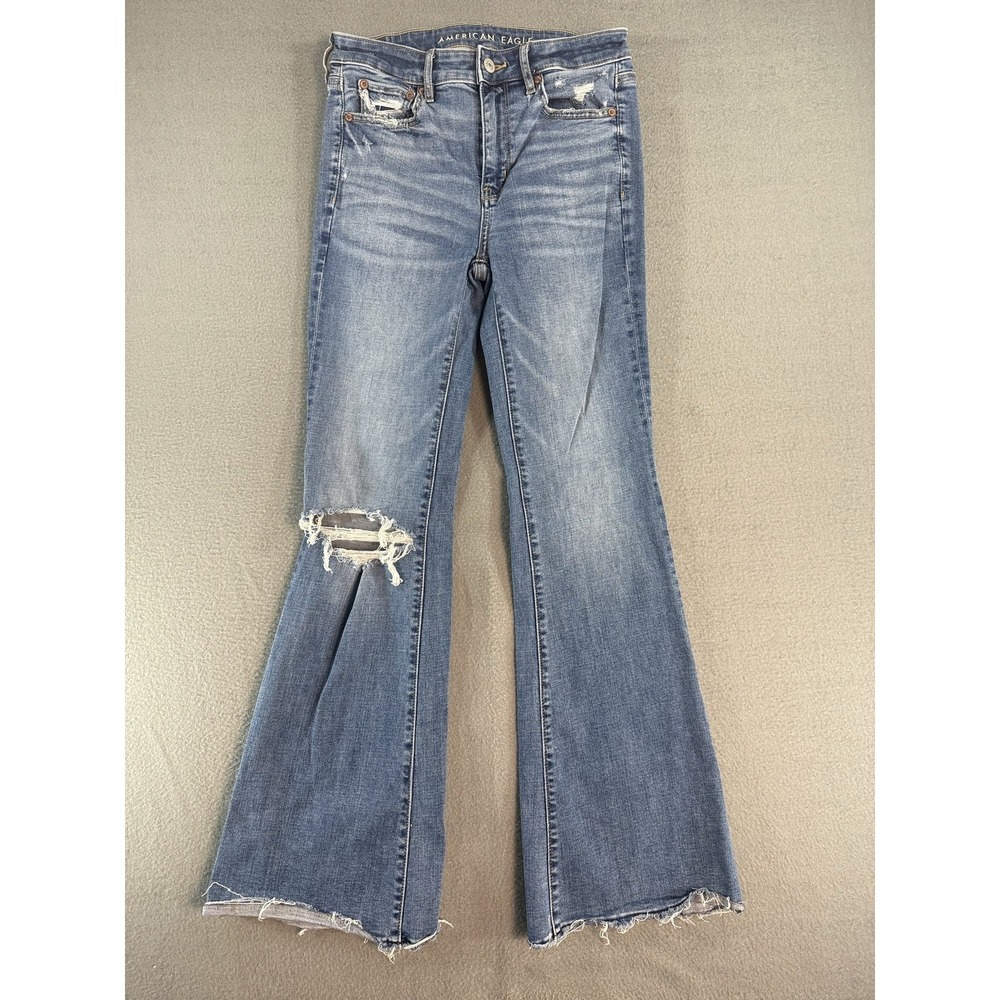 American Eagle Super Hi-Rise Flare Jeans Womens 2 Med Wash Blue Distressed Denim